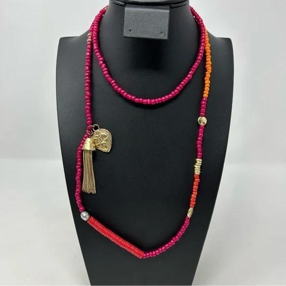 Chico's Boho Pink, Red and Orange Long Necklace with Gold Tone Heart and Tassel - Picture 2 of 6